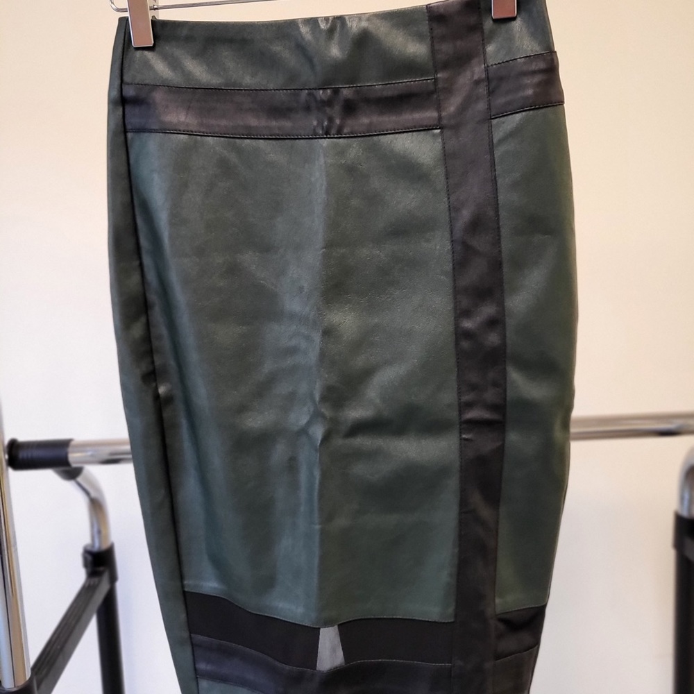 Dark Green / Black Mesh Insert Faux Leather Pencil Skirt